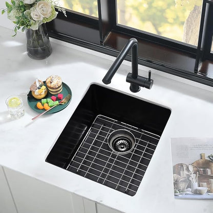 17 Inch Bar Sink Undermount Black-iAnomla 17x17 Undermount Bar Sink Bar Prep Sink Black Quartz Sink Wet Bar Single Bowl Kitchen Sink Small Rv Kitchen Sink with Bottom Grid