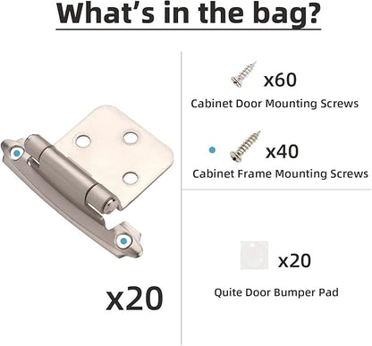 DecoBasics Cabinet Hinges Brushed Nickel for Kitchen Cabinets Doors (10 Pair -20 Pcs) -1/2" Overlay (Variable) -Self Closing Kitchen Cabinet Hinges Flush Mount w/Silicon Bumpers & Hardware Screws