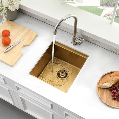 Brass Bar Sink Undermount, 15 x 17 Inch Small Wet Bar Prep Sink 16 Gauge SUS304 Stainless Steel Outdoor RV Single Bowl Basin