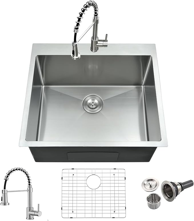 25 Inch Drop In Laundry Sink with Faucet Combo-Bokaiya 25"x22"x13" Stainless Steel Laundry Utility Room Sink 16 Gauge Deep Single Bowl Drop In Kitchen Sink
