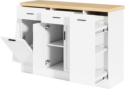Multi-Functional Storage Sideboard – Stylish Kitchen Island Table with Trash Can Storage, Sliding Door Cabinet & 3-Tier Spice Rack for Kitchen & Dining Room(White)