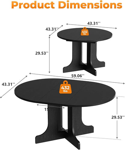 Zevemomo 43"-59" Extendable Dining Room Table for 4-6, Expandable Round Dining Table, Oval Tabletop with Trestle X-Shaped Base & Metal Track for Office, Living Room-Black