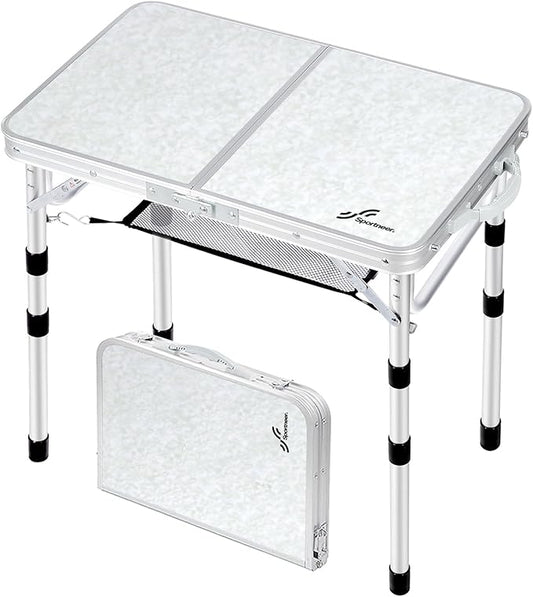 Sportneer Camping Table: Adjustable Height Small Folding Table 23.6" L x 15.7" W 4 Height with Mesh Layer - Compact & Portable Camping Essentials for Outdoor Camp Garden Picnic BBQ Dining Cooking