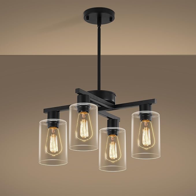 4-Light Modern Farmhouse Black Chandelier, Dining Room Light Fixture Over Table Adjustable Height Hanging Industrial Pendant Lights Kitchen Island, Clear Glass Shade