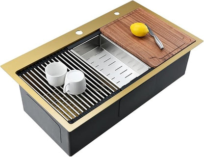 Gold Kitchen Sink Drop In, 33x19 Drop In Kitchen Sink Brushed Gold Stainless Steel Ledge Workstation Single Bowl 16 Gauge Handmade Deep Basin