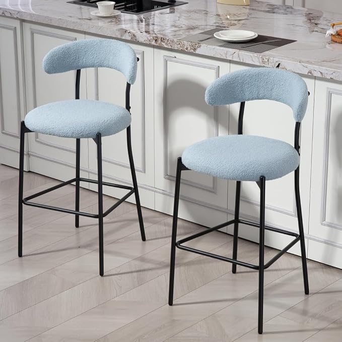 26" Counter Height Bar Stools - Teddy Fabric Upholstered Kitchen Island Stools with Black Powder-Coated Metal Base & Integrated Footrest, Modern Farmhouse Style(Blue)