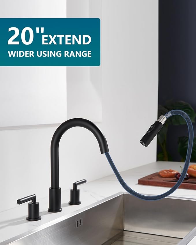 Tohlar 3 Holes Kitchen Faucet Black, 2 Handle Kitchen Sink Faucets, Black Kitchen Faucet with Pull Down Sprayer, Kitchen Sink Faucets Matte Black Stainless Steel Faucet for Kitchen Sink