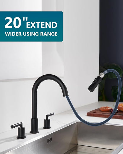 Tohlar 3 Holes Kitchen Faucet Black, 2 Handle Kitchen Sink Faucets, Black Kitchen Faucet with Pull Down Sprayer, Kitchen Sink Faucets Matte Black Stainless Steel Faucet for Kitchen Sink