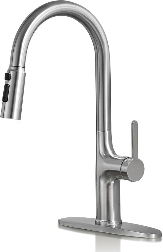 Kitchen Faucet, Brushed Nickel Kitchen Faucet with Pull Down Sprayer, High Arc Single Handle Stainless Steel Kitchen Sink Faucet 1 or 3 Hole, Bar Sink Faucet with 3 Modes Power Clean Deck Plate