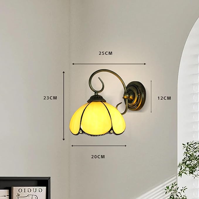 8" Vintage Stained Glass Wall Sconce Yellow Bending Shade Simple Wall Mounted Lamps for Bedroom Over Bed Hardwired Bathroom Lights Over Mirror Fixture with Plug Cord Switch Flower Design