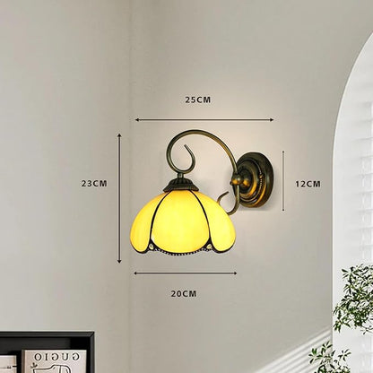 8" Vintage Stained Glass Wall Sconce Yellow Bending Shade Simple Wall Mounted Lamps for Bedroom Over Bed Hardwired Bathroom Lights Over Mirror Fixture with Plug Cord Switch Flower Design