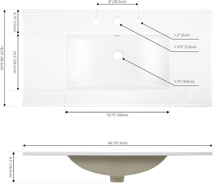 JONATHAN Y SNK1003A Ancillary 3-Hole 36 in. W x 18.25 in. D Classic Contemporary Rectangular Ceramic Single Sink Basin Vanity Top, White