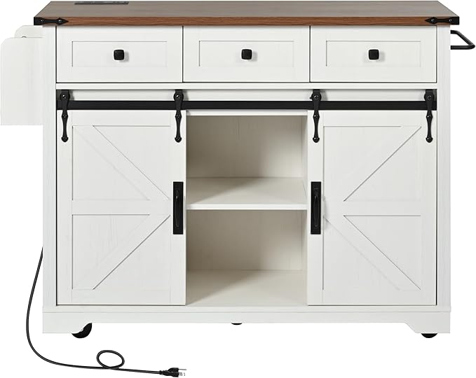 Bellemave 53.7" Farmhouse Kitchen Island cart with Charging Station, Rolling Kitchen Island Table with Drop-Leaf, 3 Drawers, Barn Doors, Large, White