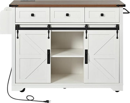 Bellemave 53.7" Farmhouse Kitchen Island cart with Charging Station, Rolling Kitchen Island Table with Drop-Leaf, 3 Drawers, Barn Doors, Large, White