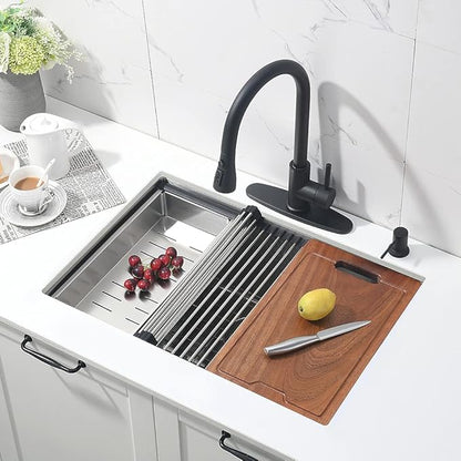 27 Inch Undermount Kitchen Sink-Bokaiya 27x19 Stainless Steel Undermount Sink Ledge Workstation SUS 304 10" Deep 16 Gauge Single Bowl with Cutting Board& Drainer