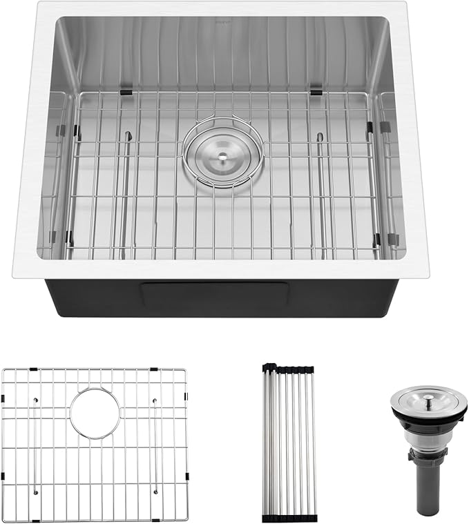 PEPO 23 Inch Undermount Kitchen Sink 23x18 16 Gauge Stainless Steel Single Bowl Small Bar Sink with Drain and Bottom Grid