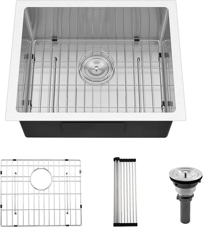 PEPO 23 Inch Undermount Kitchen Sink 23x18 16 Gauge Stainless Steel Single Bowl Small Bar Sink with Drain and Bottom Grid