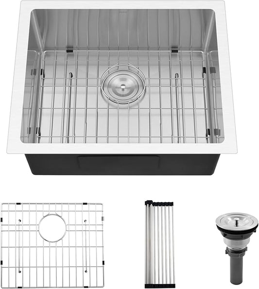 PEPO 23 Inch Undermount Kitchen Sink 23x18 16 Gauge Stainless Steel Single Bowl Small Bar Sink with Drain and Bottom Grid