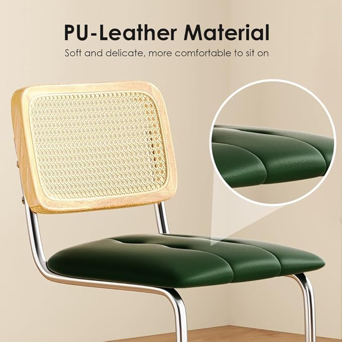 Counter Height Bar Stools Set of 2, Upholstered PU Leather Barstools with Rattan Back, for Kitchen Island, Black (Green + Metal + Rattan + Rattan+Metal + Modern)