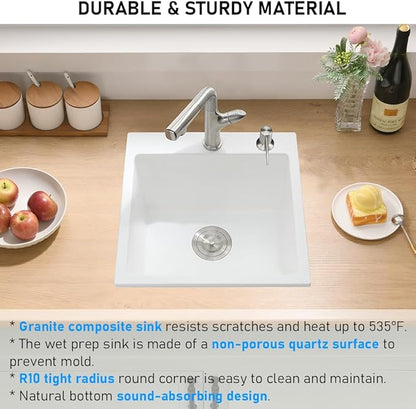 18 Inch Drop In Kitchen Sink, White Granite Composite Drop In Sink Single Bowl Outdoor Quartz Rectangular Top Mount Deep Basin with Small Rubber Squeegee(18 x 19x10)