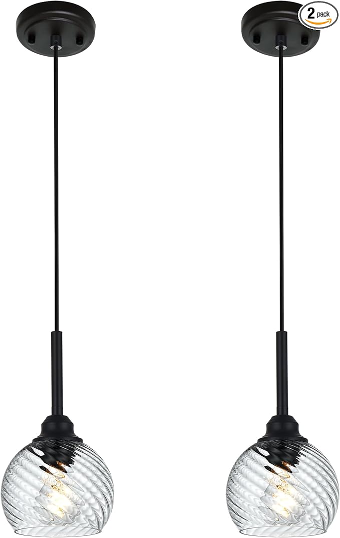 2 Pack Pendant Lights Kitchen Island with Clear Striped Swirl Globe Glass, Modern Hanging Light Fixtures Semi Flush Mount Stylish Black Pendant Lighting for Dining Room Hallway Bedroom Bar
