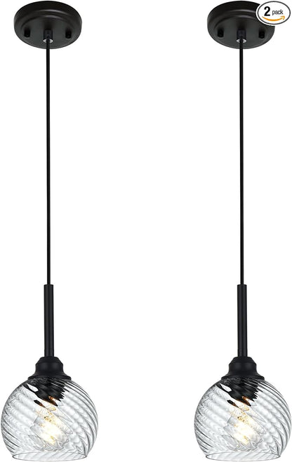 2 Pack Pendant Lights Kitchen Island with Clear Striped Swirl Globe Glass, Modern Hanging Light Fixtures Semi Flush Mount Stylish Black Pendant Lighting for Dining Room Hallway Bedroom Bar