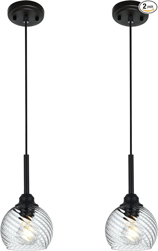 2 Pack Pendant Lights Kitchen Island with Clear Striped Swirl Globe Glass, Modern Hanging Light Fixtures Semi Flush Mount Stylish Black Pendant Lighting for Dining Room Hallway Bedroom Bar