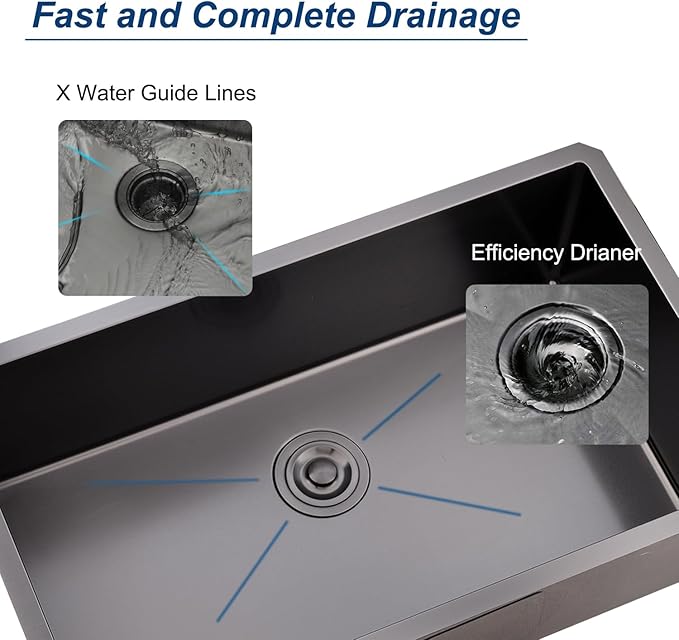 32 Inch Nano Black Undermount Kitchen Sink Stainless Steel Deep Single Bowl, 32”x18” Gunmetal Black 16-Gauge Zero Radius Commercial Large Kitchen Sink with Drainer and Bottom Grid