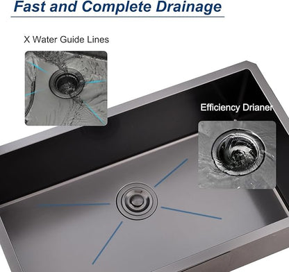 32 Inch Nano Black Undermount Kitchen Sink Stainless Steel Deep Single Bowl, 32”x18” Gunmetal Black 16-Gauge Zero Radius Commercial Large Kitchen Sink with Drainer and Bottom Grid
