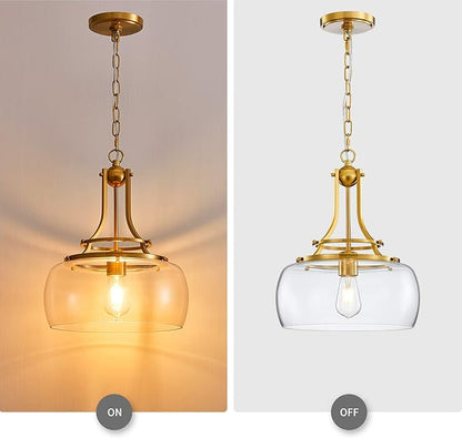 WUZUPS Chandelier Rustic Farmhouse Industrial Round Ceiling Pendant LED Light Fixture with Clear Glass Shades for Dining Room Kitchen Island Foyer Entryway, H 17" x W 13.4", E26 Base, Brushed Gold