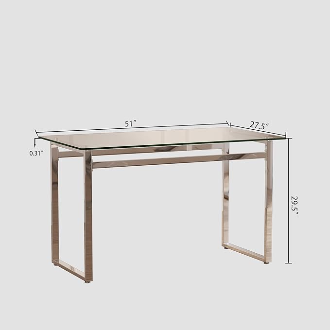 Modern Glass Dining Table for 4-6, 51" Rectangular Kitchen Dining Room Table with 0.31" Tempered Glass Tabletop and Silver Chrome Metal Legs, Writing Table Desk, for Kitchen Dining Living Room