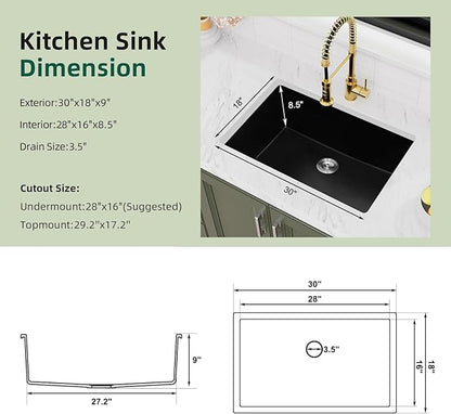 Davivy 30 X 18 Black Granite Composite Kitchen Sink,30 Inch Black Kitchen Sink, Undermount & Drop in Installation, Single Bowl with Bottom Grid and Drain Assembly