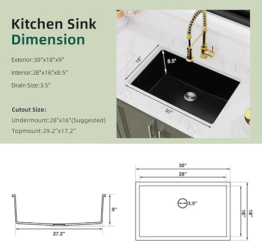 Davivy 30 X 18 Black Granite Composite Kitchen Sink,30 Inch Black Kitchen Sink, Undermount & Drop in Installation, Single Bowl with Bottom Grid and Drain Assembly