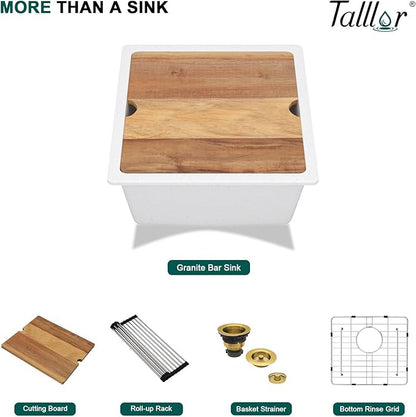 18 Inch Undermount Bar Sink Workstation - White Granite Composite All-In One Single Bowl Classic Quartz Wet Prep Sink with Cutting Board for Kitchen Bar, RV, Boat, and Outdoor, #TLGU-131