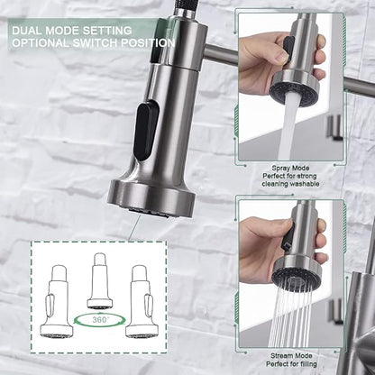 WEWE Kitchen Faucets, Commercial Brushed Nickel Stainless Steel Pull Down Sprayer Single Hole Single Handle RV Farmhouse Laundry Outdoor Faucet for Kitchen Sink, llaves para fregaderos de cocina