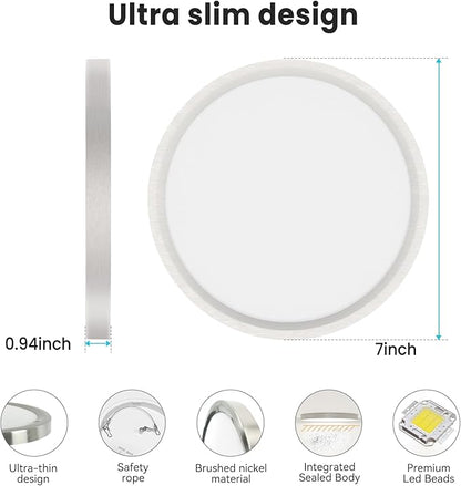 libtit 3 Pack 7 Inch Led Ceiling Light Flush Mount Nickel Brushed, 15W Light Fixtures Ceiling Mount, 3000K/4000K/6500K Color Options, Thin Flat Led Ceiling Light for Ceiling Bathroom Hallway Closet