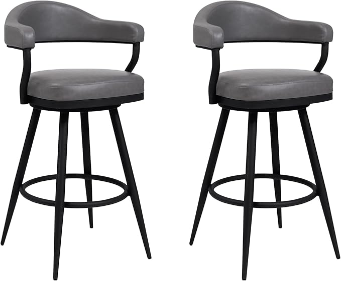 Armen Living Justin Modern Farmhouse 26" Seat Height Swivel Vintage Gray Faux Leather Bar Stool with Black Metal Legs for Kitchen Island Counter, Set of 2