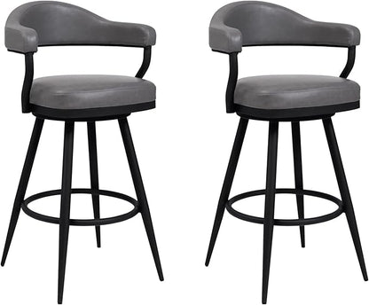 Armen Living Justin Modern Farmhouse 26" Seat Height Swivel Vintage Gray Faux Leather Bar Stool with Black Metal Legs for Kitchen Island Counter, Set of 2