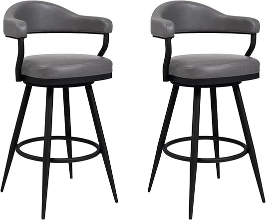 Armen Living Justin Modern Farmhouse 26" Seat Height Swivel Vintage Gray Faux Leather Bar Stool with Black Metal Legs for Kitchen Island Counter, Set of 2