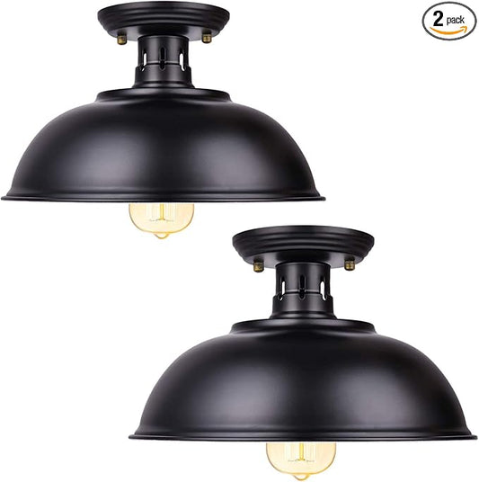 Vintage Rustic Semi Flush Mount Light, Farmhouse Black Ceiling Fixture, Industrial Lights for Hallway, Stairway, Foyer, Kitchen, Porch, Entryway (2 Pack)