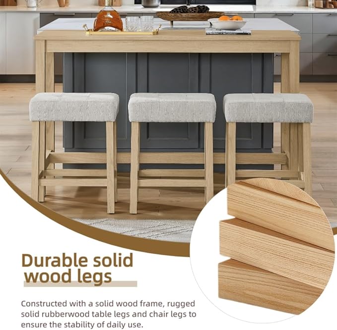 59 inch Bar Table and Chairs Set with with Power Outlet, Industrial Counter Height Bar Table with 3 Upholstered Stools,4 Pieces Space-Save Breakfast Table Set for Kitchen Dining Room Light Oak