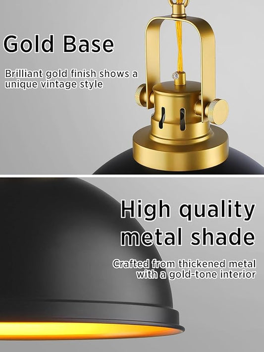 2-Pack Black Gold Pendant Lighting, Farmhouse Metal Pendant Lights Modern Matte Black Dome Industrial Light Fixture for Kitchen Island Restaurant Dining Room Hallway Entrance