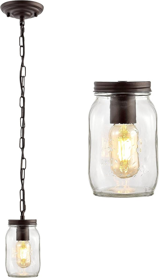 JONATHAN Y 5.5" Oil Rubbed Bronze 1-Light Farmhouse Industrial Mini Pendant Lighting, Clear Glass Mason Jar Shade, Dimmable Hanging Ceiling Fixture for Kitchen Island Sink, LED Bulb Included JYL7800A