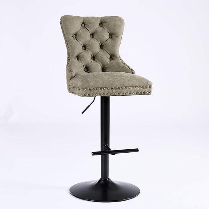 Aged and Retro PU Swivel Bar stools Adjusatble Seat Height from 26 33 Inch, Bar Stools with Backs Comfortable Tufted for Home Pub and Kitchen Island (Olive Green,Set of 2)