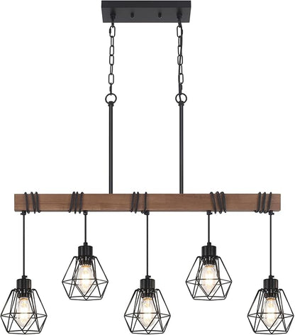 5-Light Kitchen Island Lighting, Farmhouse Chandelier for Dining Room Rustic Wood Ceiling Pendant Light Fixture with Metal Shade, Height Adjustable