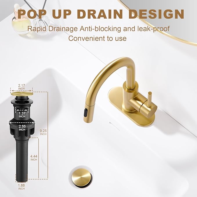 Bathroom Sink Faucet with Pull Down Sprayer,Single Handle Pull Out Faucet with Pop-Up Drain, 1 or 3 Hole Laundry Bar Basin Brushed Gold Faucet with Deck Plate