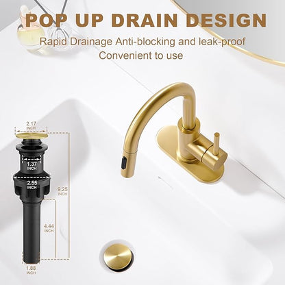 Bathroom Sink Faucet with Pull Down Sprayer,Single Handle Pull Out Faucet with Pop-Up Drain, 1 or 3 Hole Laundry Bar Basin Brushed Gold Faucet with Deck Plate