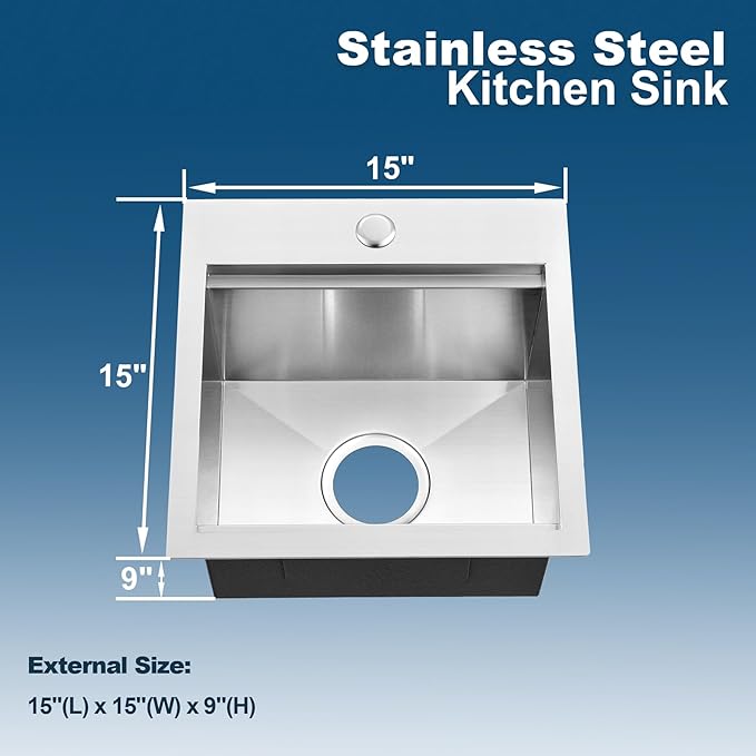 Doirteal 15 x 15 inch Drop-in Kitchen Sink, 16 Gauge Stainless Steel Single Bowl Bar Prep Sink, 9 Inch Deep Compact Topmount Sink for Apartment, RV and Small Spaces, Brushed Silver