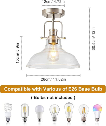 WILON Farmhouse Glass Semi Flush Mount Ceiling Light Fixture, Kitchen Lighting Fixtures Industrial Ceiling Lamp for Hallway Bedroom Kitchen Laundry Room (Brushed Nickel & Seeded, 1 Pack)