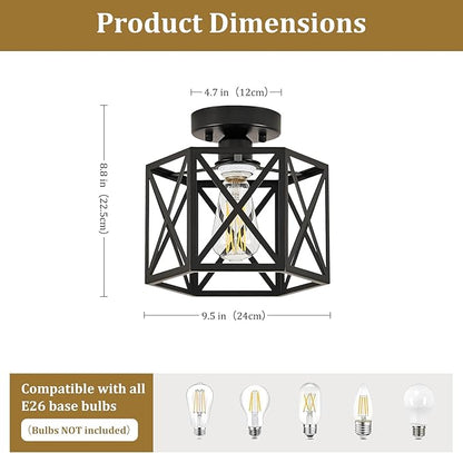 Modern Farmhouse Semi Flush Mount Ceiling Light,Industrial Black Ceiling Lighting Fixture,Hexagonal Close to Ceiling Lights for Kitchen, Hallway, Entryway, Bedroom,Foyer,Laundry Room,9.5 Inch